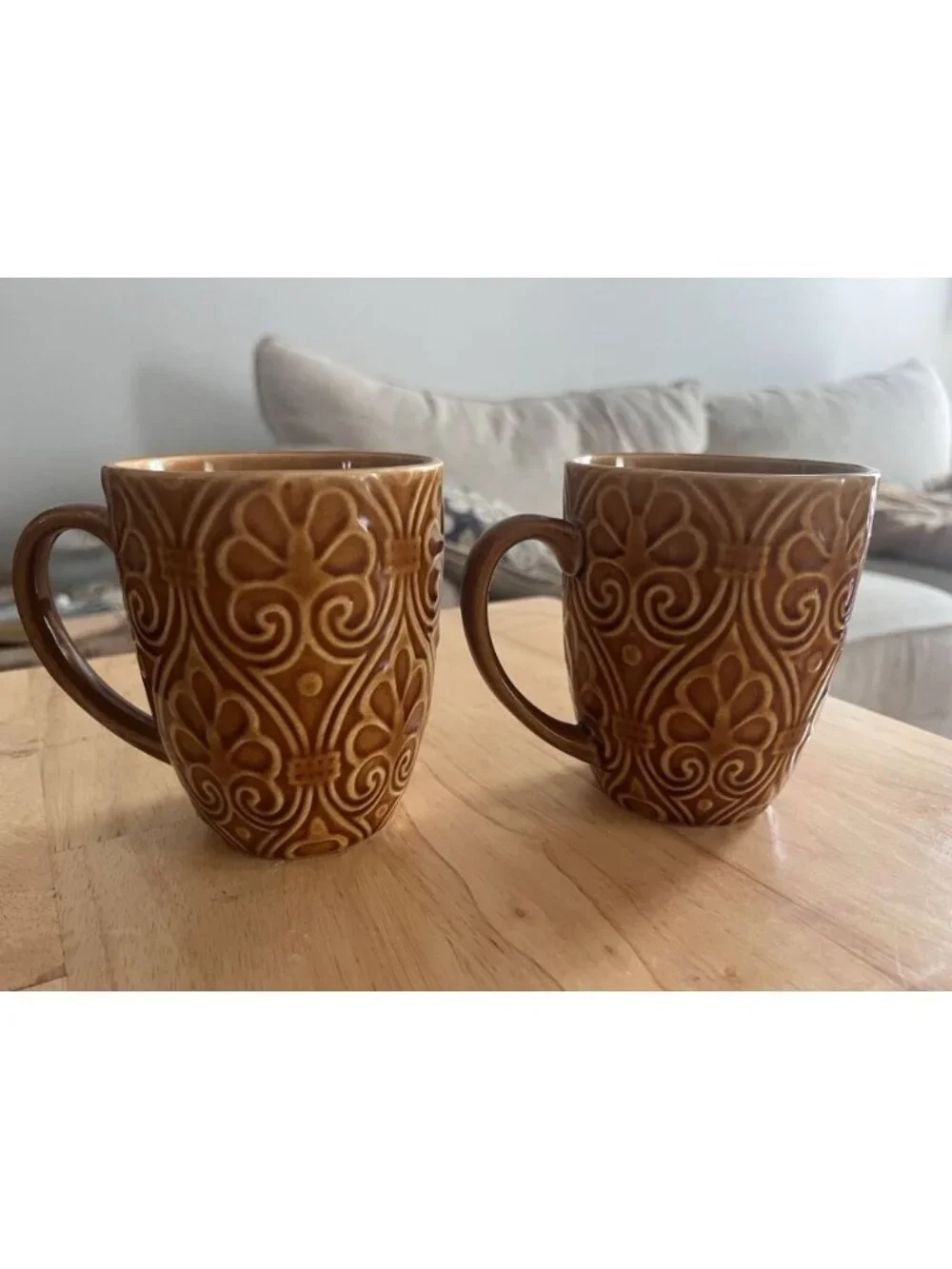 Set of 2 Pier 1 Imports Karistan Mugs Amber Embossed Reactive Glaze Stoneware